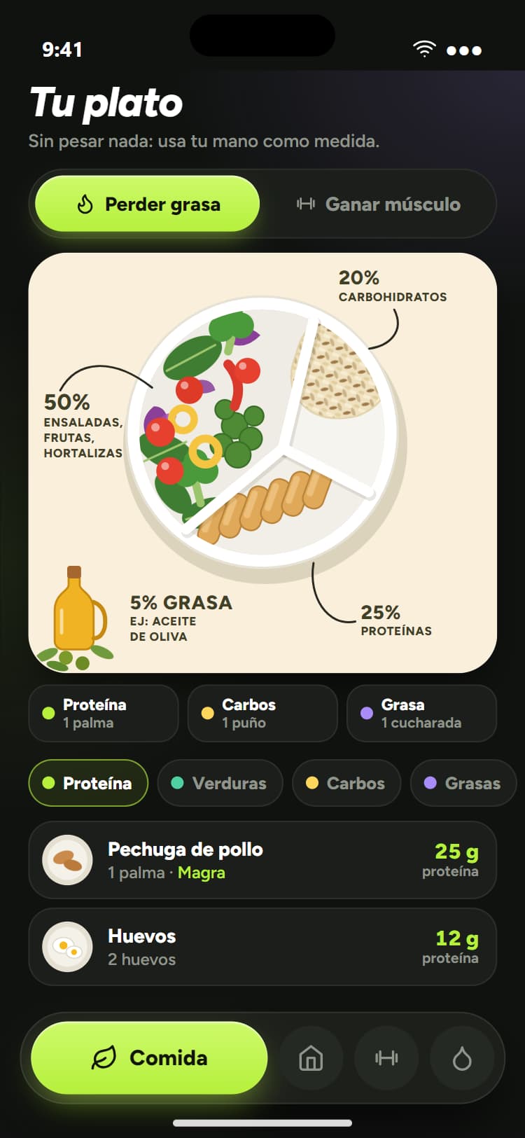 Comida: plato saludable con porciones medidas con la mano