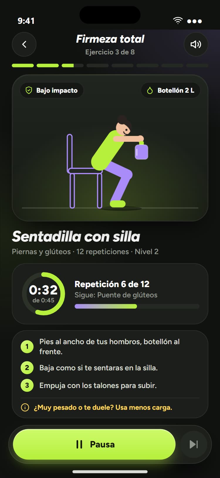 Ejercicio: dibujo animado de una sentadilla con silla y botellón