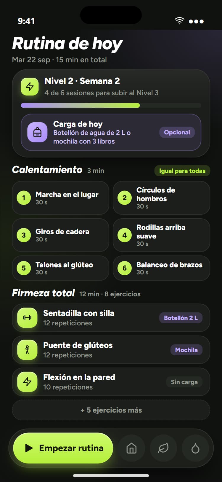 Rutina de hoy: nivel, carga, calentamiento y ejercicios